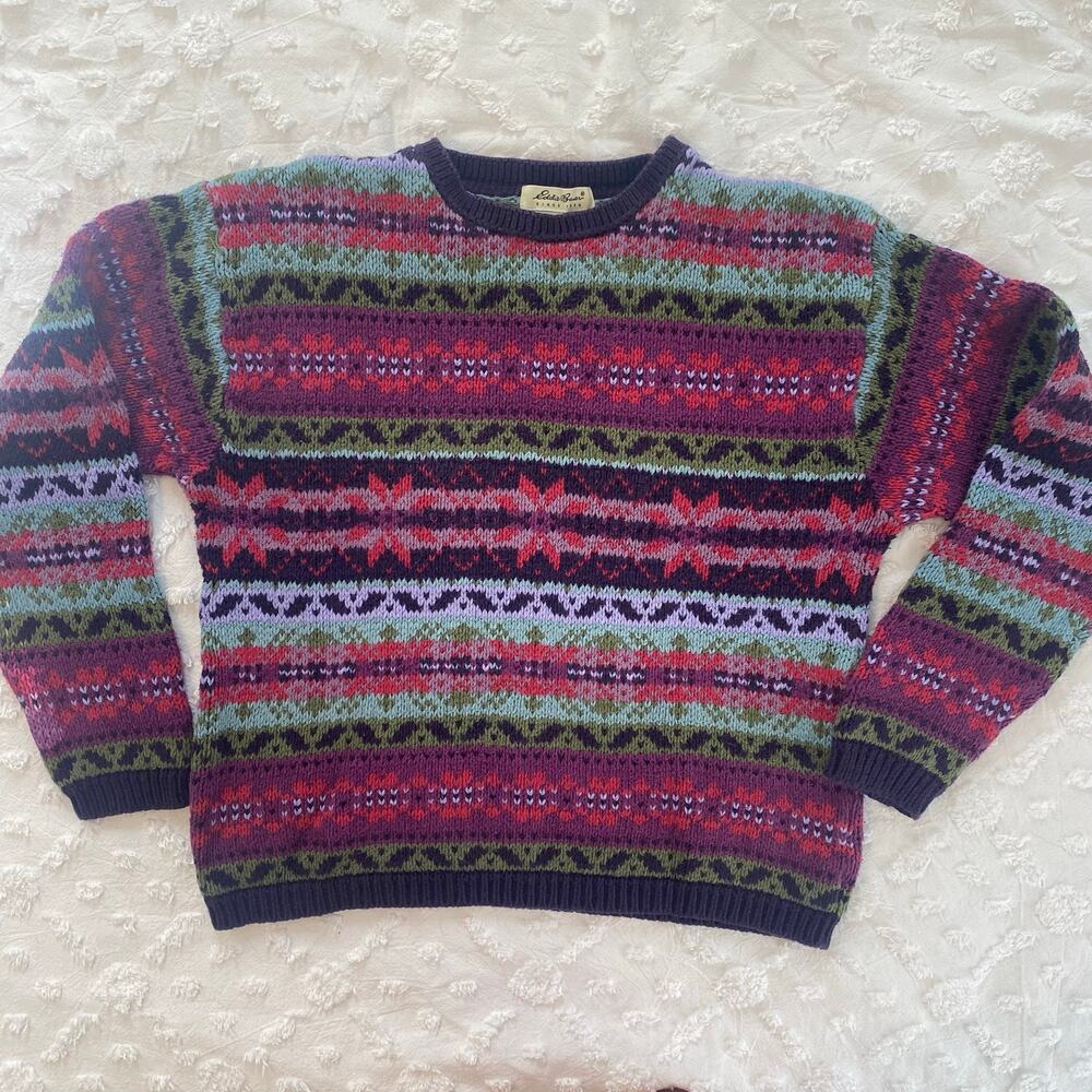 Vintage Eddie Bauer Fair Isle Cotton Knit Sweater Womens Sz Small Purple